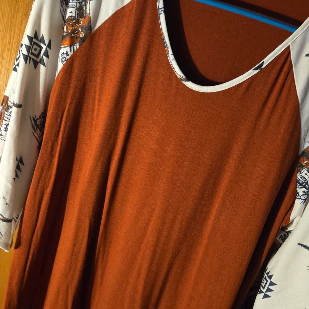 Rust Orange Women's Blouse with Patterned Sleeves